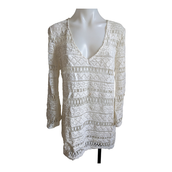 Milly Cabana Size Small Crochet Shift Mini Dress White V Neck Long Sleeves - Picture 1 of 14